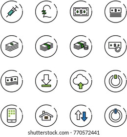 line vector icon set - syringe vector, pound, dollar, cash, download, upload cloud, standby, mobile, home, up down arrows, button