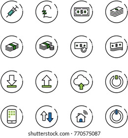 line vector icon set - syringe vector, pound, dollar, cash, download, uplooad, upload cloud, standby, mobile, up down arrows, wireless home, button