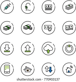 line vector icon set - syringe vector, pound, dollar, cash, download, uplooad, upload cloud, standby, mobile, home, up down arrows, wireless