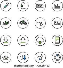 line vector icon set - syringe vector, pound, dollar, cash, download, uplooad, upload cloud, mobile, home, up down arrows, wireless, standby button