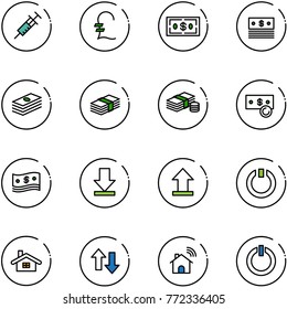 line vector icon set - syringe vector, pound, dollar, cash, download, uplooad, standby, home, up down arrows, wireless, button