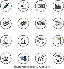 line vector icon set - syringe vector, pound, dollar, cash, download, uplooad, standby, mobile, home, up down arrows, wireless, button