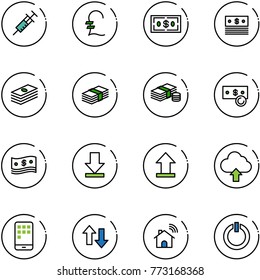 line vector icon set - syringe vector, pound, dollar, cash, download, uplooad, upload cloud, mobile, up down arrows, wireless home, standby button