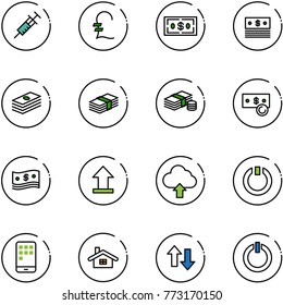 line vector icon set - syringe vector, pound, dollar, cash, uplooad, upload cloud, standby, mobile, home, up down arrows, button