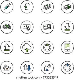 line vector icon set - syringe vector, pound, dollar, cash, download, uplooad, upload cloud, standby, mobile, home, up down arrows, wireless, button