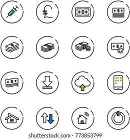 line vector icon set - syringe vector, pound, dollar, cash, download, upload cloud, mobile, home, up down arrows, wireless, standby button