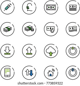 line vector icon set - syringe vector, pound, dollar, cash, download, uplooad, upload cloud, standby, mobile, up down arrows, wireless home, button