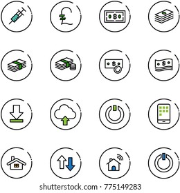 line vector icon set - syringe vector, pound, dollar, cash, download, upload cloud, standby, mobile, home, up down arrows, wireless, button