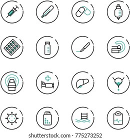 line vector icon set - syringe vector, thermometer, pills, drop counter, blister, vial, scalpel, mri, hospital bed, liver, bladder, virus, bottle, pool, pulse clipboard