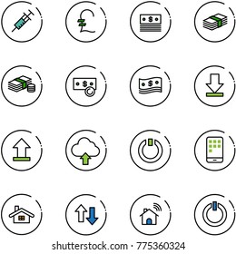 line vector icon set - syringe vector, pound, dollar, cash, download, uplooad, upload cloud, standby, mobile, home, up down arrows, wireless, button