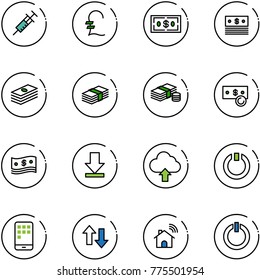 line vector icon set - syringe vector, pound, dollar, cash, download, upload cloud, standby, mobile, up down arrows, wireless home, button
