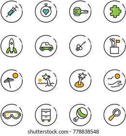 line vector icon set - syringe vector, stopwatch heart, key, puzzle, rocket, car, win, beach, palm, waves, protective glasses, tool cabinet, beanbag