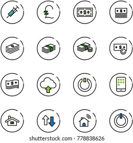 line vector icon set - syringe vector, pound, dollar, cash, upload cloud, standby, mobile, home, up down arrows, wireless, button