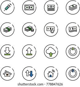 line vector icon set - syringe vector, dollar, cash, download, uplooad, upload cloud, standby, home, up down arrows, wireless, button