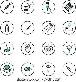 Line Vector Icon Set - Syringe Vector, Tonometer, Drop Counter, Pills Blister, Vial, Scalpel, Medical Patch, Hospital Bed, Stomach, Heart, Kidneys, Bladder, Care, Eye, Pulse Clipboard, Forceps