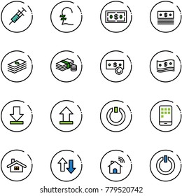 line vector icon set - syringe vector, pound, dollar, cash, download, uplooad, standby, mobile, home, up down arrows, wireless, button