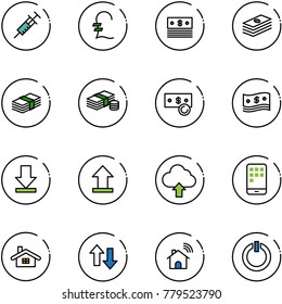 line vector icon set - syringe vector, pound, dollar, cash, download, uplooad, upload cloud, mobile, home, up down arrows, wireless, standby button