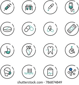 line vector icon set - syringe vector, vial, pipette, drop counter, pill, pills, medical patch, stomach, heart, tooth, disabled, mask, pool, pulse clipboard, molecule