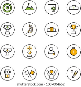 line vector icon set - target vector, attainment, certificate, pedestal, cup, golden branch, win, gold, award, winner, medal, flags cross, success, baseball bat