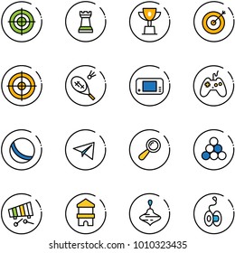line vector icon set - target vector, chess tower, win cup, badminton, game console, joystick, ball, paper plane, beanbag, billiards balls, xylophone, toy block house, wirligig, yoyo