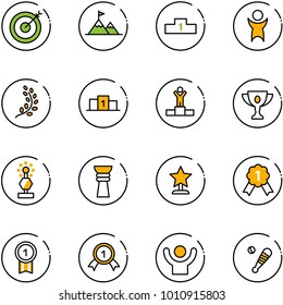line vector icon set - target vector, attainment, pedestal, success, golden branch, winner, gold cup, award, medal, baseball bat
