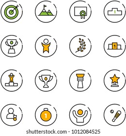 line vector icon set - target vector, attainment, certificate, pedestal, cup, success, golden branch, winner, gold, award, medal, baseball bat