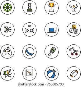 line vector icon set - target vector, chess queen, win cup, gold, solution, joystick wireless, game console, abc cube, ball, beanbag, wheel horse, xylophone, beach, football