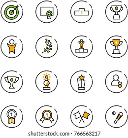 line vector icon set - target vector, certificate, pedestal, cup, success, golden branch, winner, win, gold, award, medal, flags cross, baseball bat