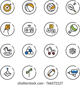 line vector icon set - target vector, ball, volleyball, badminton, kite, joystick wireless, abc cube, beanbag, rocking horse, billiards balls, wheel, toy, wirligig, windmill, football, water gun