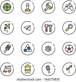 line vector icon set - target vector, pawn, beanbag, joystick, kite, paper plane, shovel fork toy, billiards balls, cube, soccer ball, train, block house, windmill