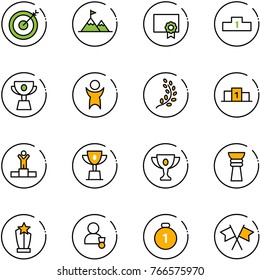 line vector icon set - target vector, attainment, certificate, pedestal, cup, success, golden branch, winner, win, gold, award, medal, flags cross