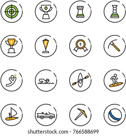 line vector icon set - target vector, cup, chess tower, queen, win, pennant, gold medal, rock axe, flying man, swimming, kayak, surfing, windsurfing, cabrio, ball