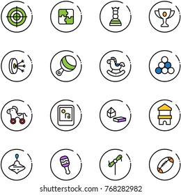line vector icon set - target vector, puzzle, chess queen, gold cup, solution, beanbag, rocking horse, billiards balls, wheel, game console, constructor blocks, toy block house, wirligig, windmill