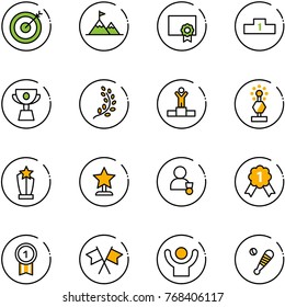 line vector icon set - target vector, attainment, certificate, pedestal, cup, golden branch, winner, award, gold medal, flags cross, success, baseball bat