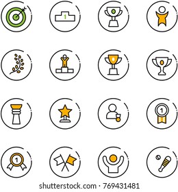 line vector icon set - target vector, pedestal, cup, success, golden branch, winner, win, gold, award, medal, flags cross, baseball bat