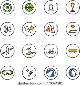 line vector icon set - target vector, chess tower, pennant, solution, flags cross, flippers, mat, kayak, surfing, bike, skateboard, protective glasses, baseball bat, beach ball, basketball