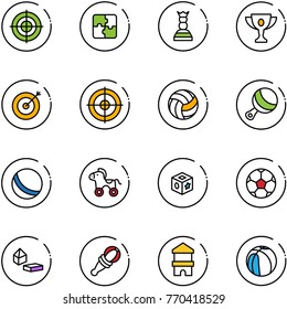 line vector icon set - target vector, puzzle, chess queen, gold cup, volleyball, beanbag, ball, wheel horse, cube toy, soccer, constructor blocks, block house, basketball