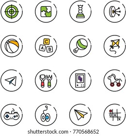 line vector icon set - target vector, puzzle, chess queen, solution, ball, abc cube, beanbag, kite, paper plane, shovel fork toy, game console, wheel horse, gamepad, yoyo, Tic tac toe