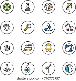 line vector icon set - target vector, chess queen, volleyball, kite, beanbag, billiards balls, wheel horse, cube toy, train, block house, beach ball, wirligig, yoyo, windmill, basketball