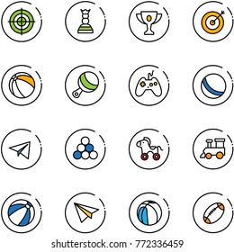 line vector icon set - target vector, chess queen, gold cup, ball, beanbag, joystick, paper plane, billiards balls, wheel horse, toy train, beach, basketball, football