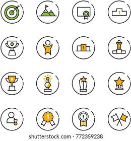 line vector icon set - target vector, attainment, certificate, pedestal, cup, success, winner, win, award, gold medal, flags cross