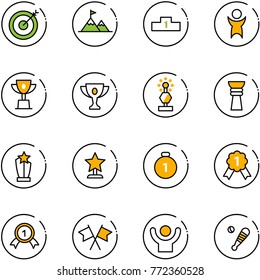 line vector icon set - target vector, attainment, pedestal, success, win cup, gold, award, medal, flags cross, baseball bat