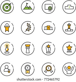 line vector icon set - target vector, attainment, certificate, pedestal, success, golden branch, winner, award, gold medal