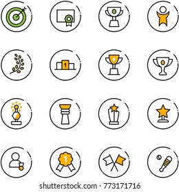 line vector icon set - target vector, certificate, cup, success, golden branch, pedestal, win, gold, award, winner, medal, flags cross, baseball bat
