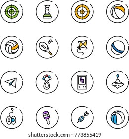 line vector icon set - target vector, chess queen, ball, volleyball, badminton, kite, paper plane, beanbag, game console, wirligig toy, yoyo, dart, basketball