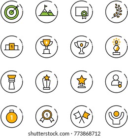 line vector icon set - target vector, attainment, certificate, golden branch, pedestal, win cup, gold, award, winner, medal, flags cross, success