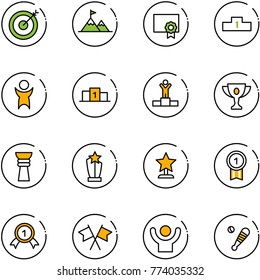 line vector icon set - target vector, attainment, certificate, pedestal, success, winner, gold cup, award, medal, flags cross, baseball bat