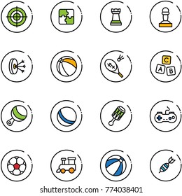 line vector icon set - target vector, puzzle, chess tower, pawn, solution, ball, badminton, abc cube, beanbag, gamepad, soccer, toy train, beach, dart