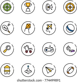 line vector icon set - target vector, win cup, solution, badminton, kite, ball, beanbag, wheel horse, gamepad, constructor blocks, toy block house, wirligig, paper plane, football