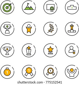 line vector icon set - target vector, attainment, certificate, pedestal, cup, success, golden branch, winner, gold, award, medal